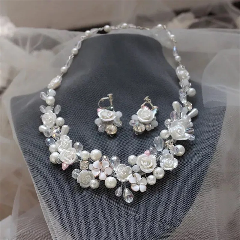 

2016 New Trend Bridal White Ceramic Rose flower Necklace Earrings pearls rhinestone Wedding Jewelry Sets dress accessories Gift