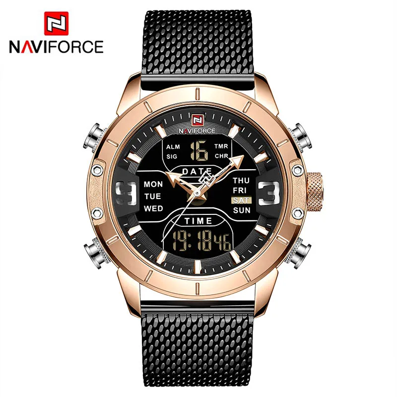 NAVIFORCE, аналоговые цифровые часы для мужчин, роскошные Брендовые спортивные мужские часы из нержавеющей стали, цифровые водонепроницаемые мужские часы, спортивные часы - Цвет: Black Gold