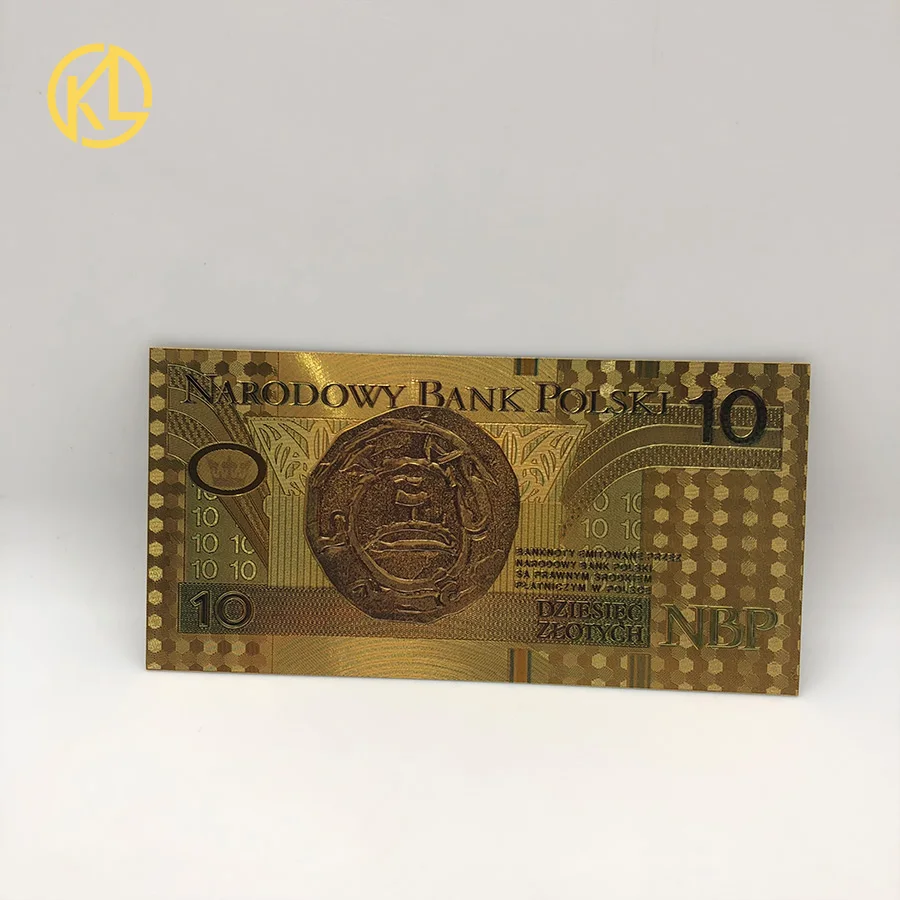 10 шт./лот, цветная 999,9 Золотая фольга для банкнот, 10 злотых, с сертификатом для деловых подарков, украшения для дома