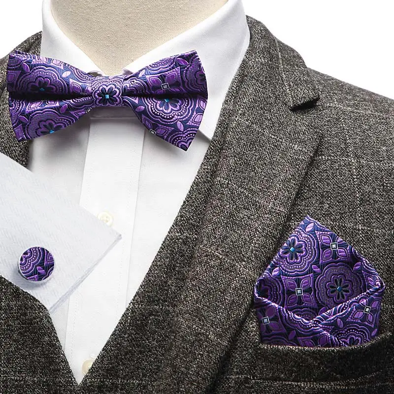 YISHLINE набор-3 мужской галстук-бабочка и платок запонки набор в полоску Цветочный Узор Пейсли мужские галстуки смокинг Свадебные регулируемые - Цвет: 3PBS-12