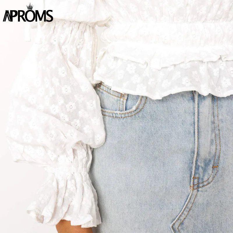  Aproms Sweet Ruffle Long Sleeve White Blouse Shirt Women Elegant Off Shoulder Floral Embroidery Chi