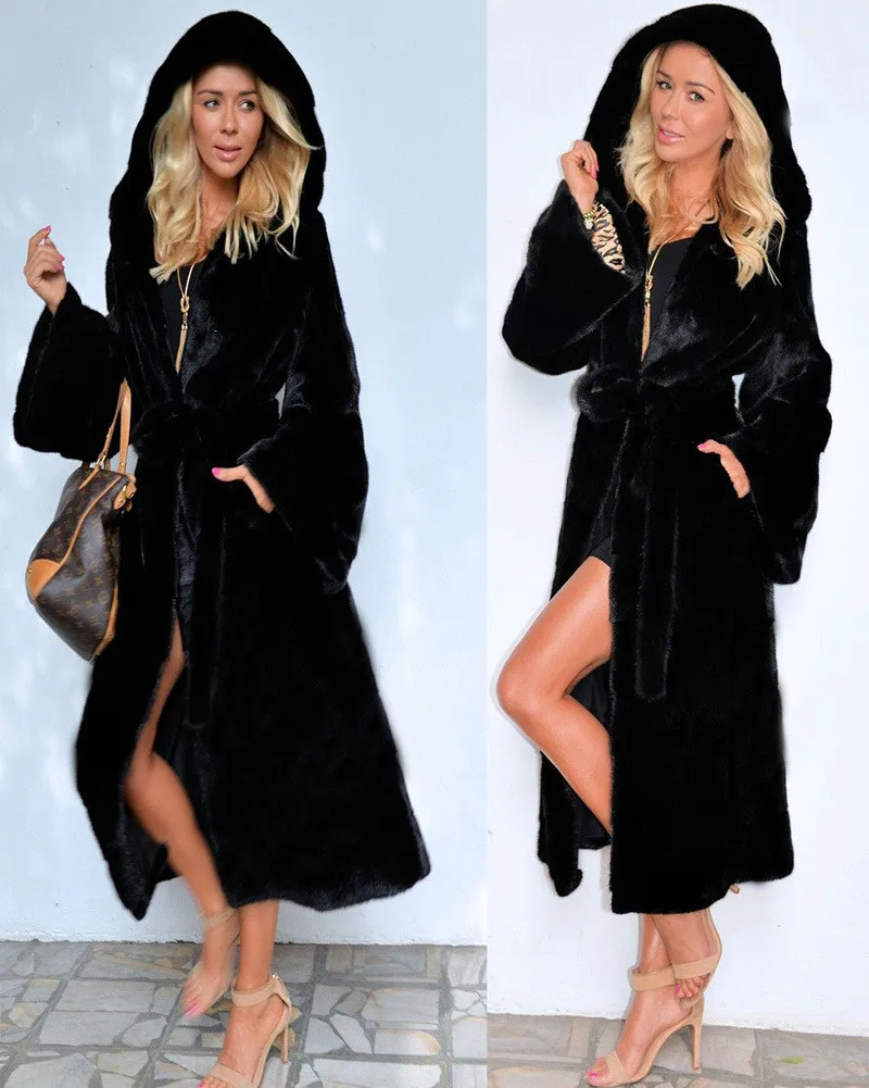 Черное пальто с капюшоном из искусственного меха, зимнее женское длинное пальто из искусственного лисьего меха, модное пальто размера плюс, элегантные женские теплые куртки Y27