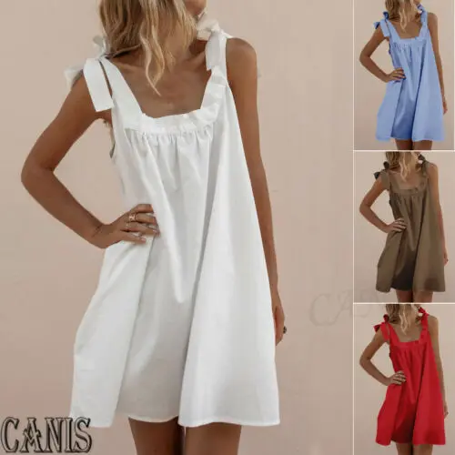 

US New Women Sleeveless Spaghetti Stap Boho Party Casual Cotton Linen Kaftan Mini A-Line Dress