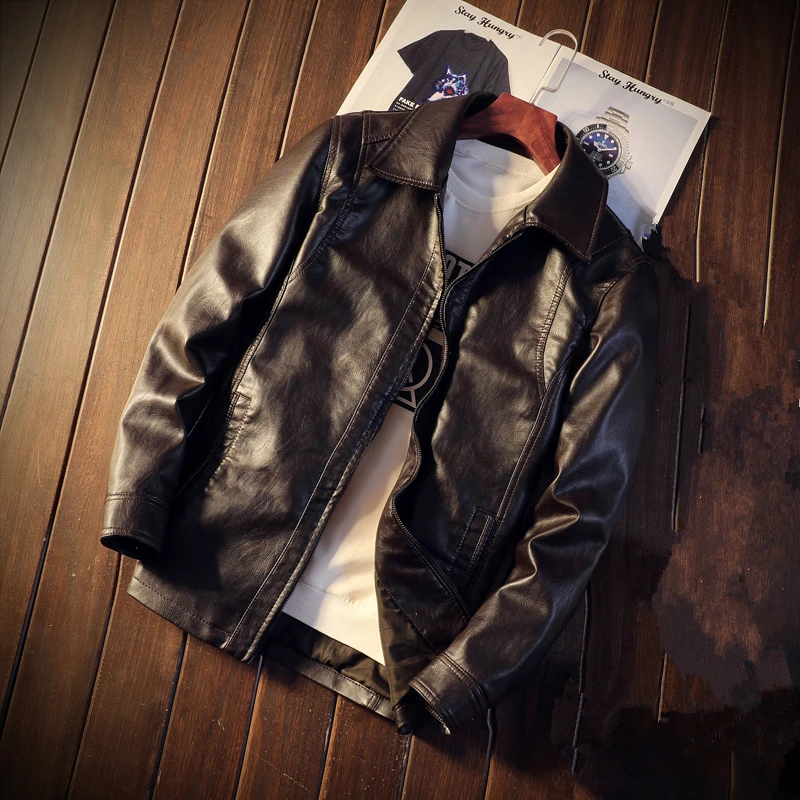  Black Mens Long Sleeve PU Leather Jackets Size 4XL Fashion Casual Men Motorcycle Coats Pure Color L