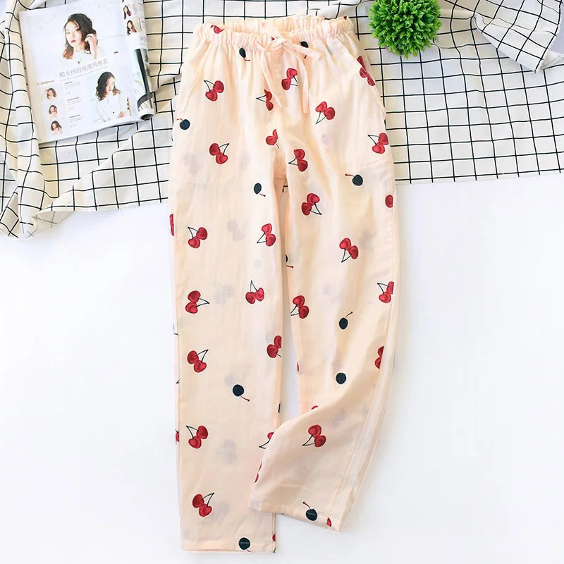 Весенне-осенние женские штаны для сна в Корейском стиле из хлопка, домашние штаны с принтом вишни, свободные штаны для сна, низ