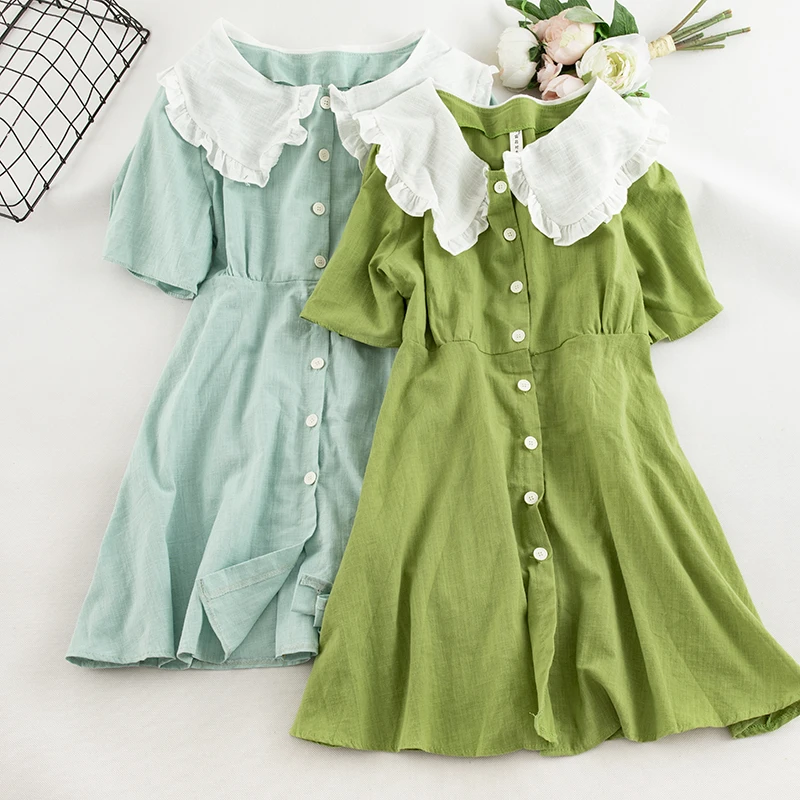 

Elegant Women Summer Peter pan Collar Puff Sleeve Cardigan Button Ruffles Dress Vintage A-line Slim High Waist Party Mini Dress