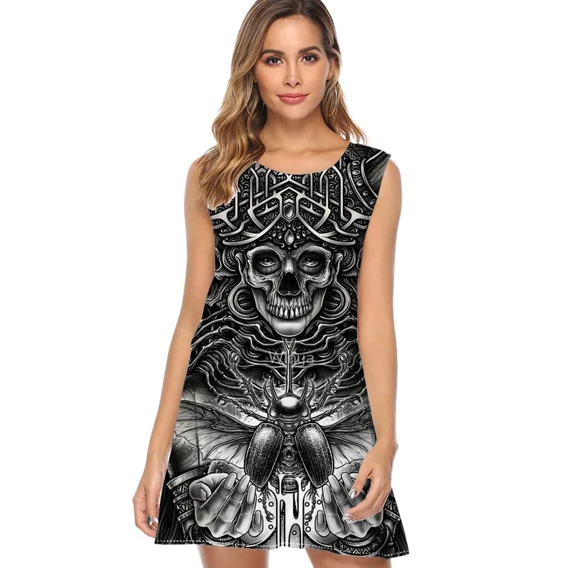 

2019 Summer Dresses for Women Fashion Winya skull Print Casual Chiffon Dress Mini Beach fashion loose o neck Dresses new arrival