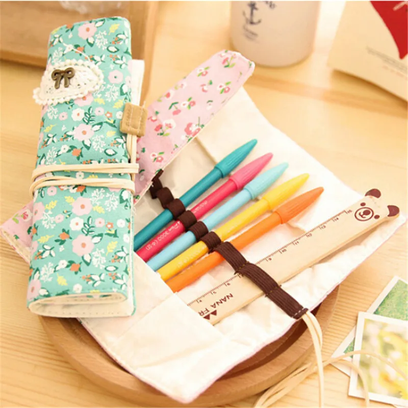 Material Escolar Linen Pencil Bag Roll Cute Stationery Floral Printed