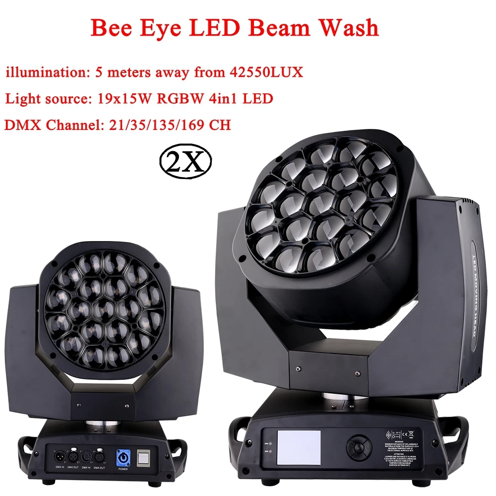 2Pcs/Lot LED Beam Wash Bees Eyes 19x15W RGBW 4IN1 Moving Head Light 4°- 60°  Beam angle DMX512 Music Stage DJ Disco Beam Lights