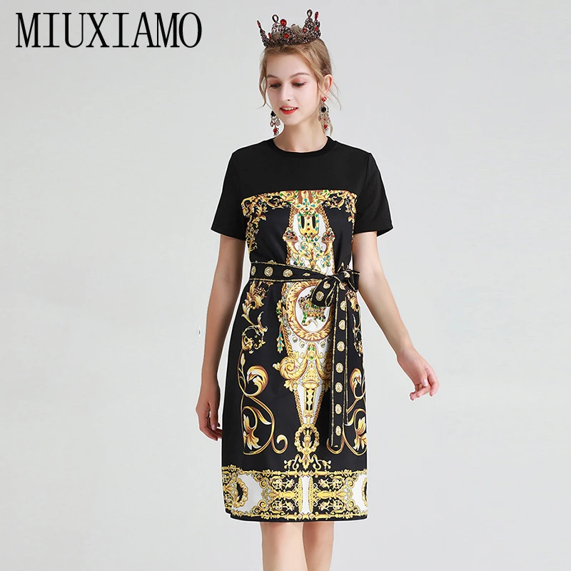 

MIUXIMAO 2019 Fall Casual Dress Fashion A-Line O-Neck Diamonds Tank Flower Print Above Knee Dress Women vestidos With Belt
