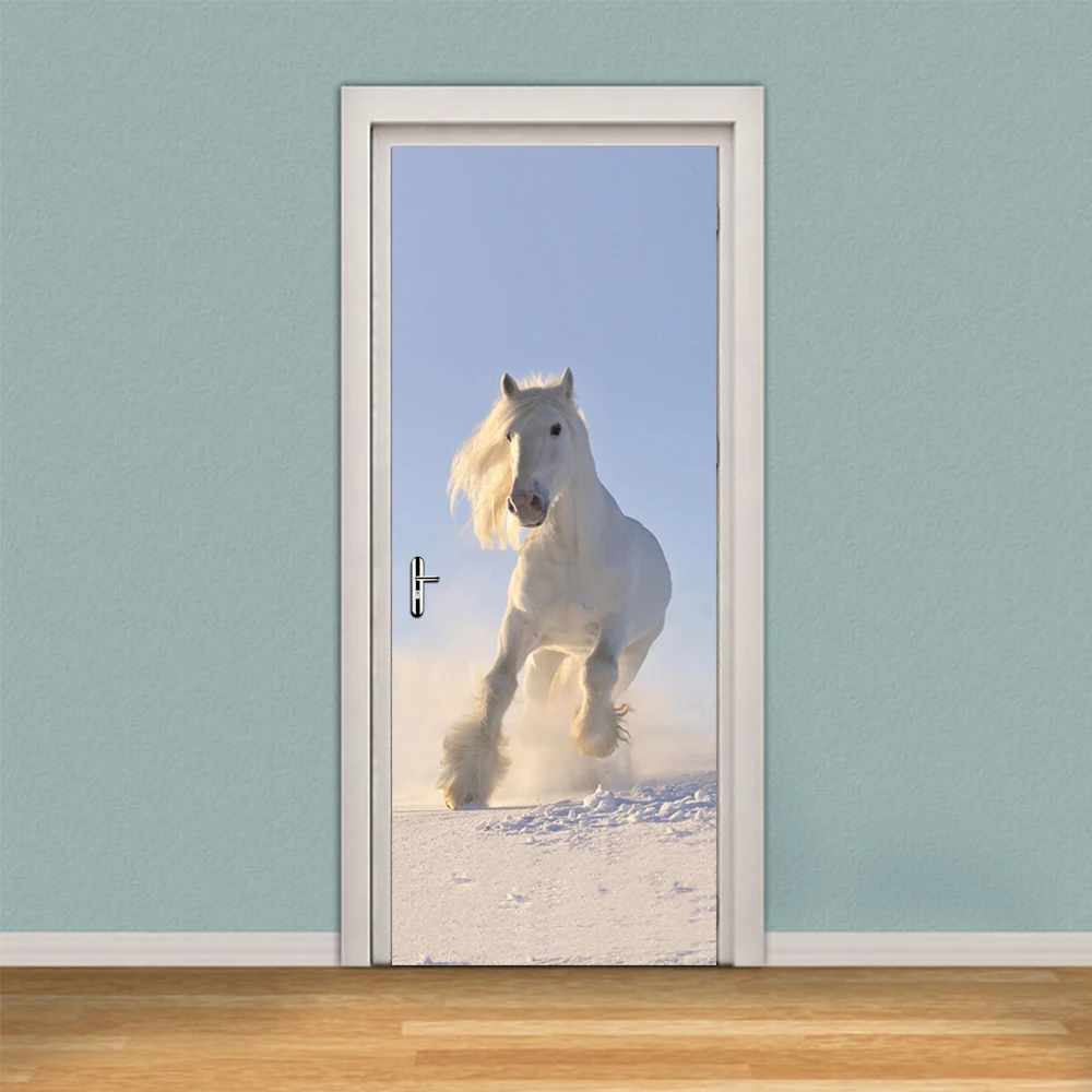 

White Horse Self-adhesive Wall Stick Imitation 3D Door Sticker Kid's Room Living Room Mural Poster New Home Decor