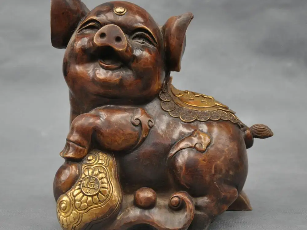 

8" China Bronze Zodiac Year Pig Lucky Statue Figurine