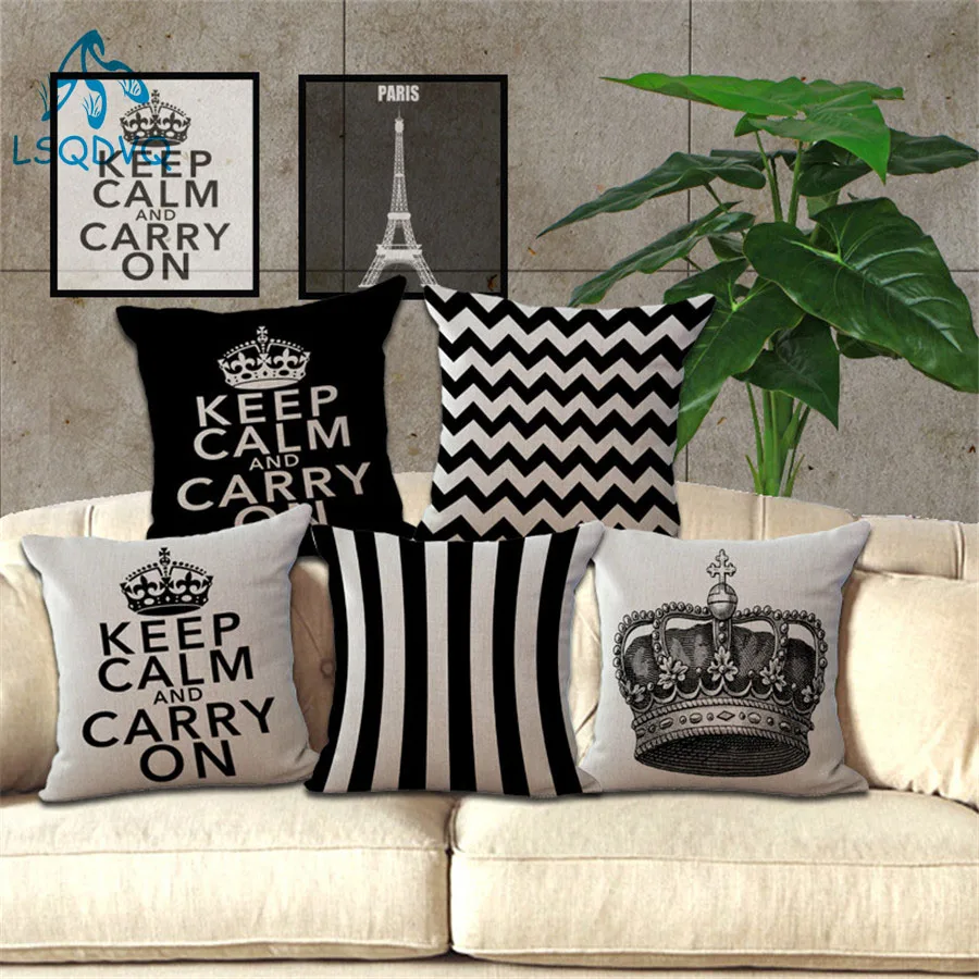 Наволочка Keep Calm Carry On хлопок лен Эйфелева башня Корона черная белая полоса