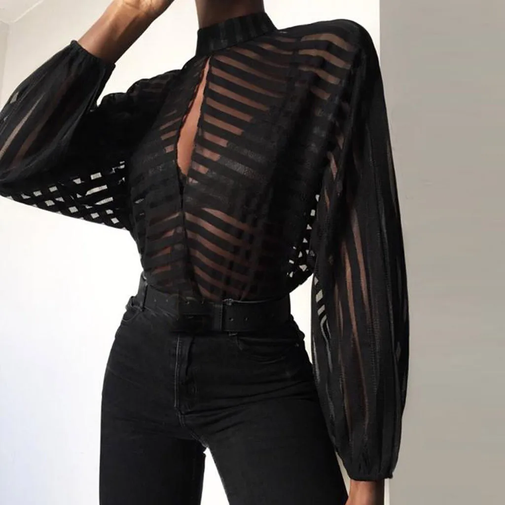 

ISHOWTIENDA Womens Striped Blouse Fashion Casual V-Neck Full Length Tops Shirt vetement femme 2019 blusa feminina