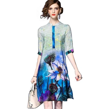 

Spring Summer European Large Size Silk Dress Retro Printing Chiffon Loose Dress Nice Fashion Women LU41