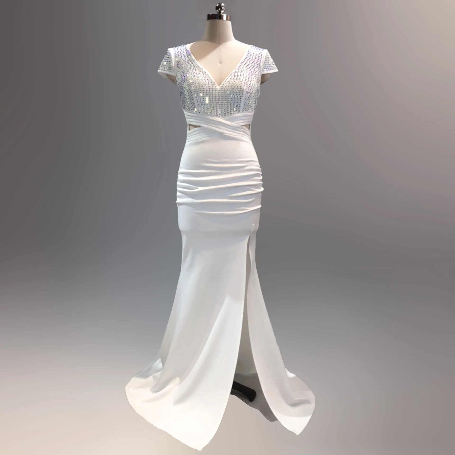 

Do Dower Sexy Deep V Neck Split Mermaid Evening Dress White Beading Shining Dress Long Slim Party Evening Dress Robe De Soiree L