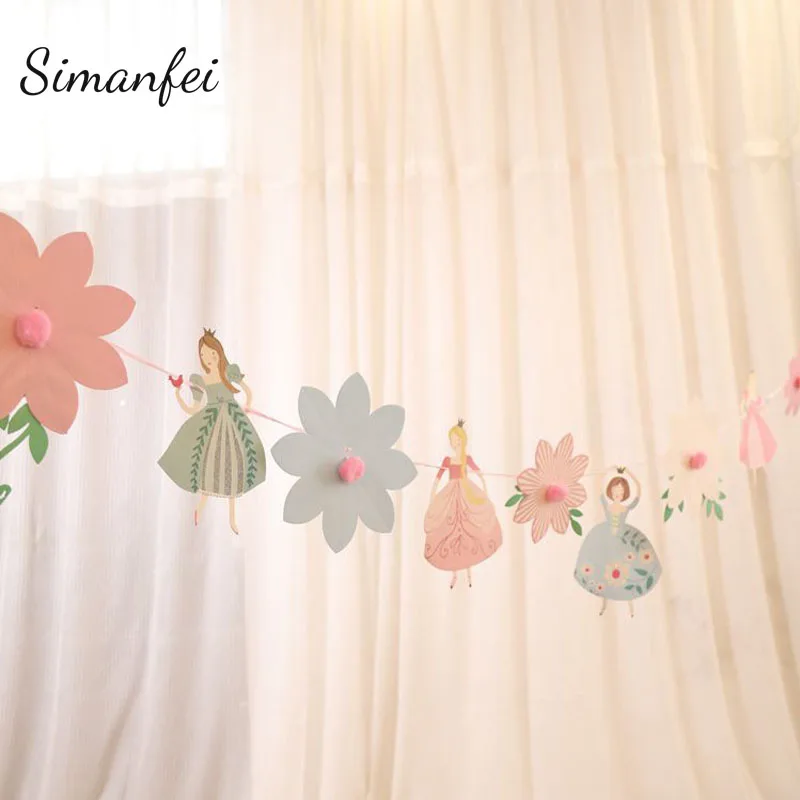 

Simanfei Party Banner 2019 Cartoon Pink Princess Flower Bunting Girls Room Decor Hanging Flag Children's Birthday Party Decor