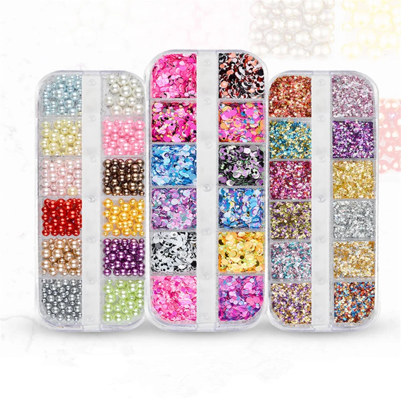 12 Grids Nails Art Glitter Pearl Shell DIY Foil Beads Powder Japan Nail