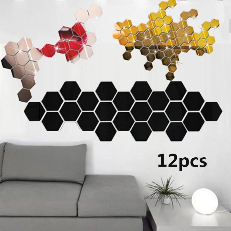 

12Pcs/Set Geometry Hexagon Mirror Wall Stickers 3D Acrylic Mirrored Decorative Sticker Waterproof Home Decor Autocollant Mural