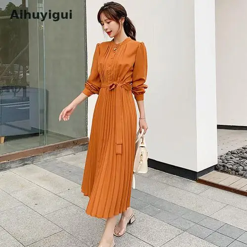 

Aihuyigui 2019 Long Sleeve Yellow Pleated Dress Autumn Runway Designer Long Sleeve High Waist Bow Belt Dress Vestidos Dr544