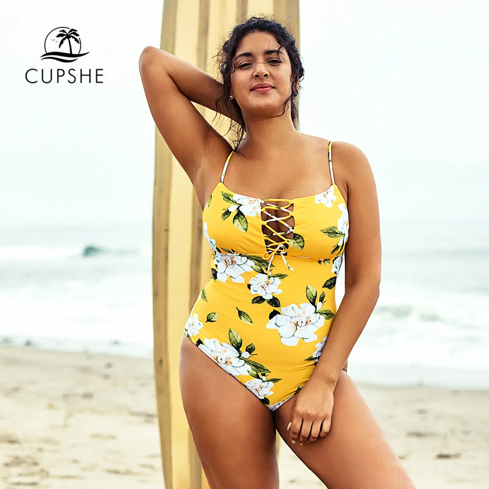 Kaufen CUPSHE Plus Größe Gelb Floral Print Spitze Up Ein Stück Badeanzug Frauen Sexy Hohe Taille 2020 Mädchen Badeanzüge