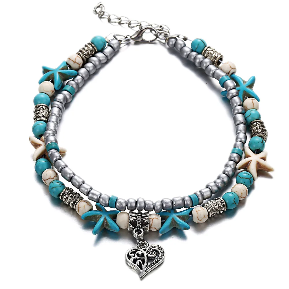 LE SKY Fashion Beach Jewelry Double Layer Love Heart Starfish Pendant Beads Anklet Foot Chain Ankle Bracelet Jewelry For Women LE SKY Fashion Beach Jewelry Double Layer Love Heart Starfish Pendant Beads Anklet Foot Chain Ankle Bracelet Jewelry For Women