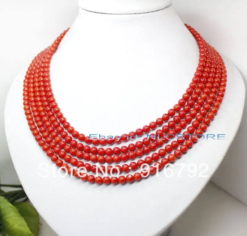 

free shipping >>>>>5rows 5-6mm sea red coral round beads gem stone necklace 17.5" fashion