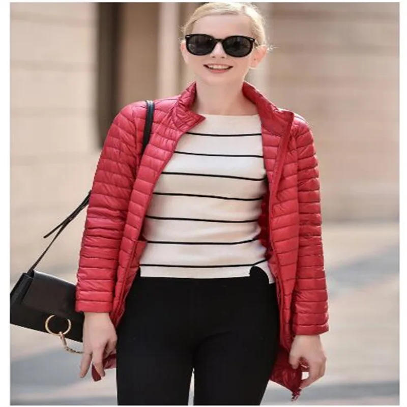 Новые зимние Для женщин пуховик мода Slim Medium длинная куртка Стенд воротник Ultra Light утка вниз дамы парка Женская парка