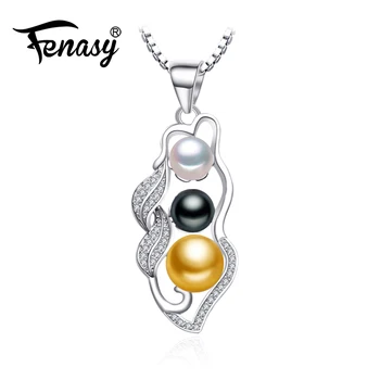 

FENASY 925 sterling silver bohemia three Pearl beads necklace leaves chain necklace,pearl jewelry necklace women for love