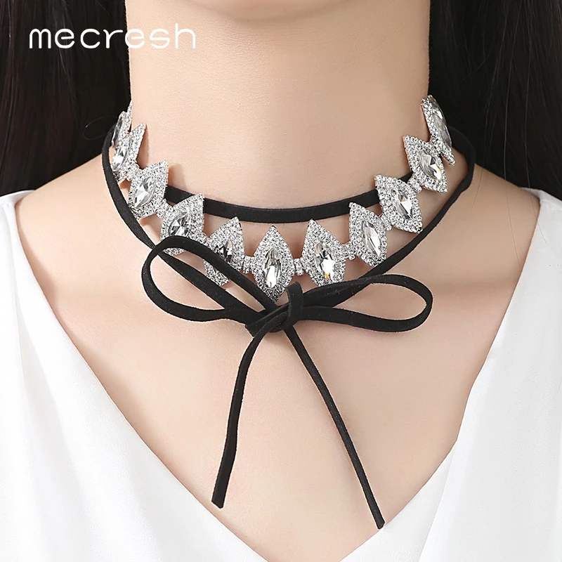 Mecresh Waterdrop Strass Gargantilha para As Mulheres de Veludo Preto Bowknot Amarrar Colares Chocker Partido Prom Jóias Gótico MXL120