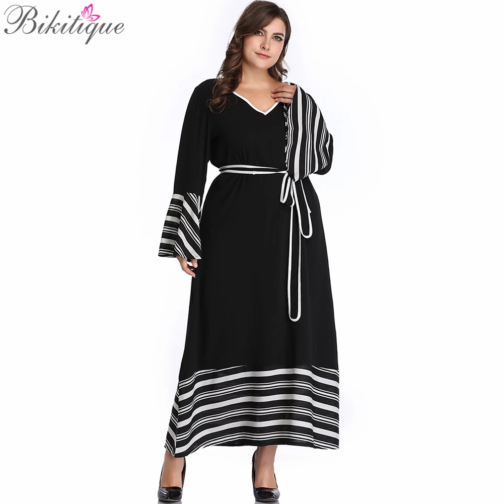 

Bikitique Plus Size Black Pacthwork Striped Dress 2019 Women Autumn Modest Casual Long Sleeve Waist Belt Slim Elegant Long Dress