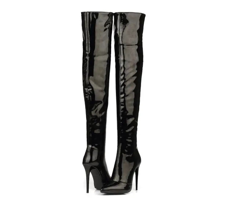 Botas feminina/Сапоги выше колена на очень высоком каблуке с острым носком высокие непромокаемые сапоги из лакированной кожи пикантные сапоги из латексной резины; большие размеры