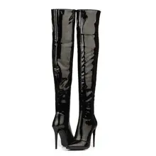 Botas feminina/Сапоги выше колена на очень высоком каблуке с острым носком высокие непромокаемые сапоги из лакированной кожи пикантные сапоги из латексной резины; большие размеры