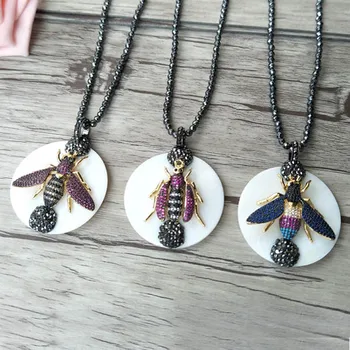 

3 Strands Hematite beads necklace,Shell With Micro Pave CZ bee Insect Charms Pendant necklaces Jewelry for women NK244