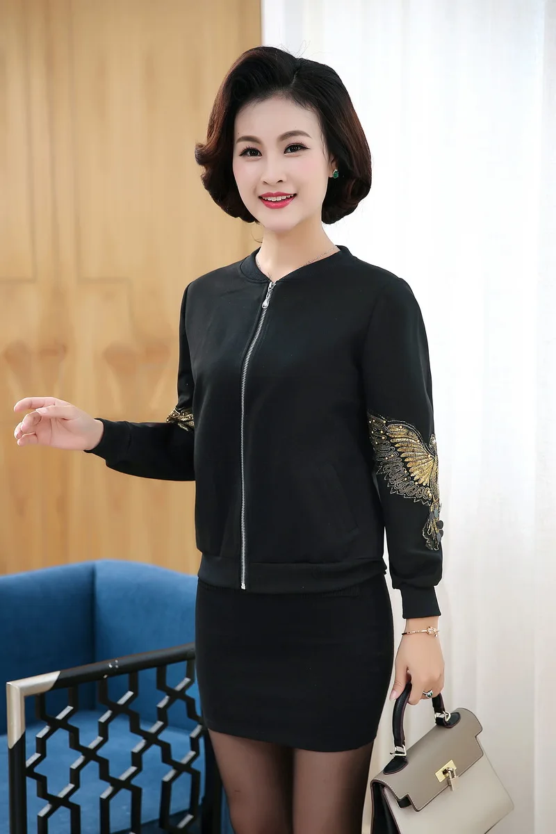 WAEOLSA Womens Casual Bomber Jacket Middle Aged Woman Black Short Coat Embroidery Outerwear Autumn Mother Jacket Zipper Front (6)