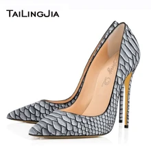 Women Sexy Party Shoes Grey Python Pointed Toe High Heel Pumps White Snake Pattern Wedding Heels Slip On Stiletto Court Shoes