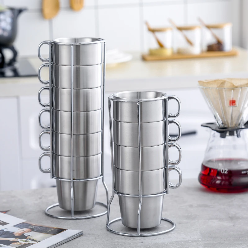 

6 PCS Double Wall Stainless Steel Cups With Handgrip Coke Coffee Beer Cup Set With Frame Portable Picnic Kitchen Bar Metal Mug
