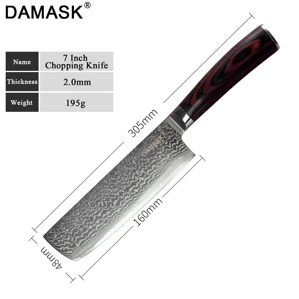 Дамасский нож Santoku из дамасской стали с высокой твердостью G10 цветные кухонные ножи с деревянной ручкой японские ножи нож для мяса нож для нарезки шеф-повара - Цвет: 7 inch Chopping