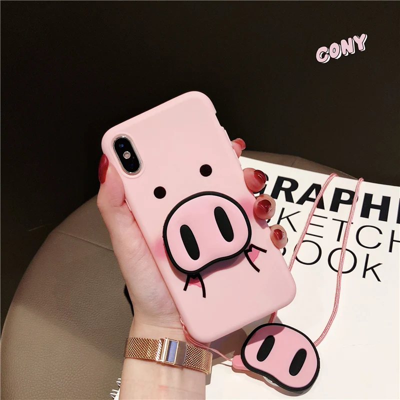 

Cute Pink Case For iPhone X 7 Plus XS 10 Case Silicone Phone Stand Holder Cover For iPhone 6S 8 6 Plus XS Max Case Pig Lanyard
