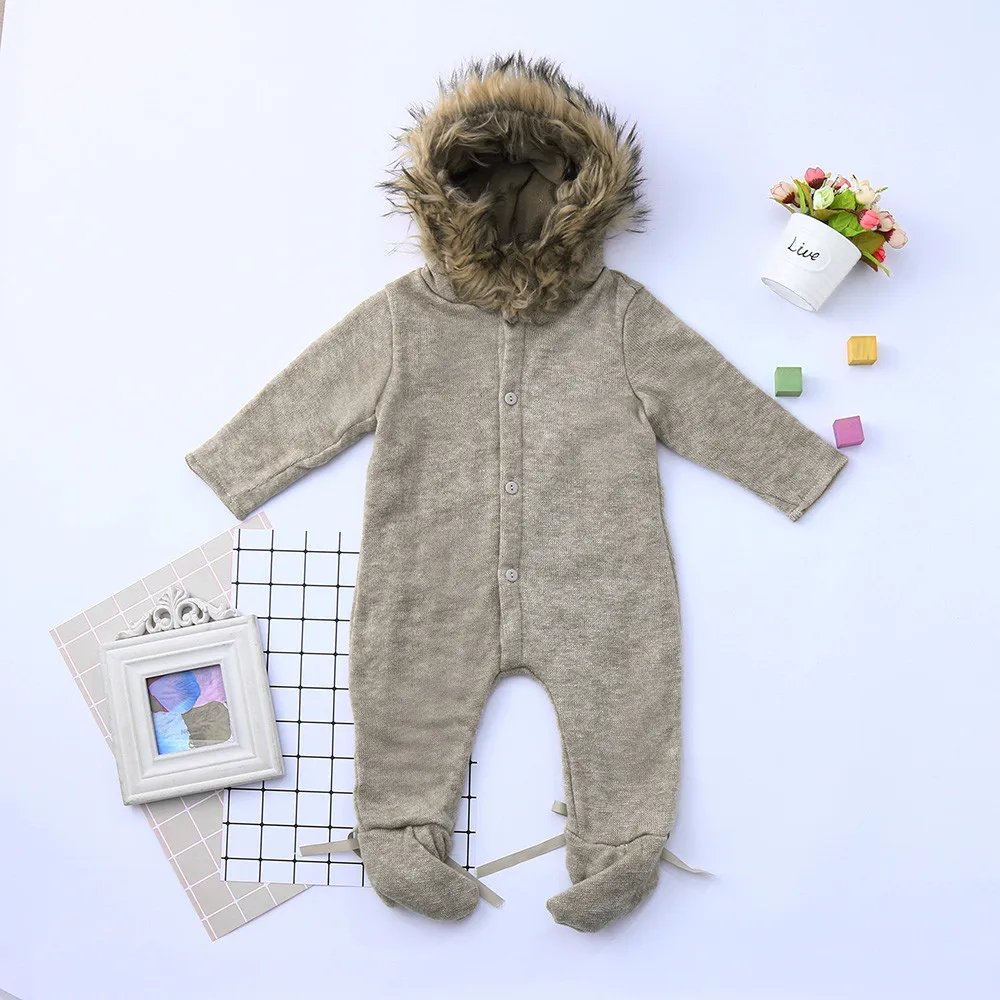 Зимняя одежда; детские комбинезоны для новорожденных; вязаный свитер для маленьких мальчиков и девочек; комбинезон с капюшоном из меха енота; Верхняя одежда для малышей; 1D11