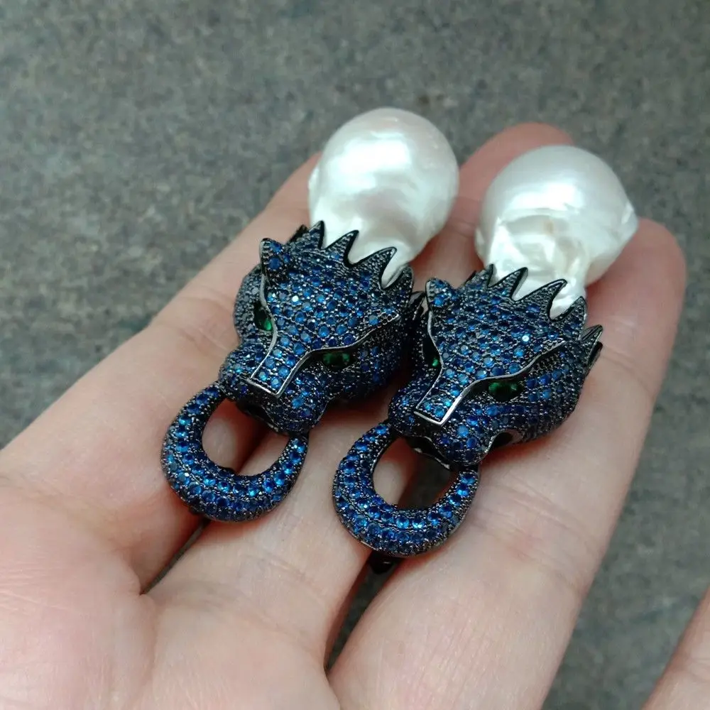 

Black Friday White Keshi Pear Earrings Gunmetal Blue Cz Pave Dragon Stud Earrings