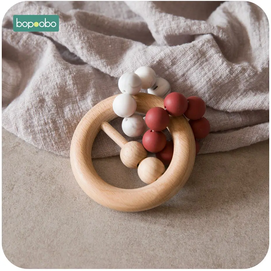 Bopoobo 1PC Baby Silicone Beads Infant Toys Crib Bed Bell Rattle Wood Stroller Newborn Organic Wood 5