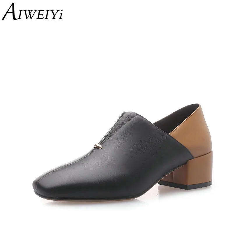

AIWEIYi High Heels Shoes Woman Square toe Genuine Leather Platform Pumps Slip On Casual Shoes Woman