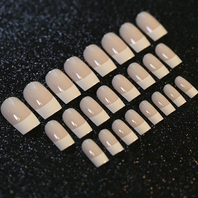 

24pcs Flat Top White French Nails Glue on Nails Beige False Nail Tips Long Size Z203