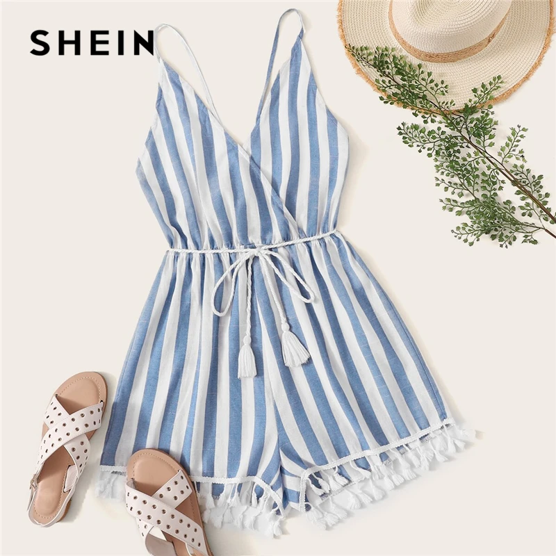 

SHEIN Crisscross Tie Back Tassel Hem Striped Wrap Romper Boho Fringe Spaghetti Strap Wide Leg Belted Summer Sleeveless Playsuits