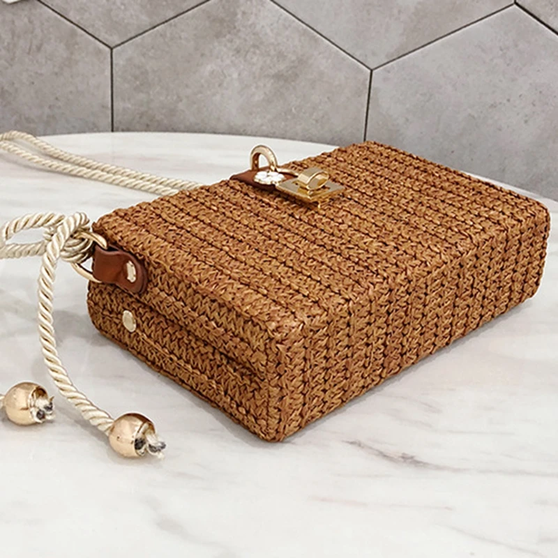 2018 الصيف الشاطئ حقائب النساء حقيبة ساع مربع القش اليد المنسوجة السيدات Crossbody حقيبة الكتف الروطان أكياس بولسا الأنثوية