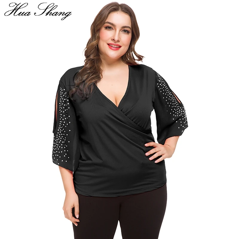 Goede Rode Vrouwen Tops 2019 Zomer V hals Drie Kwart Mouw Losse Oversized Blouse Elegante Koude Schouder Diamanten Plus Size Blouse