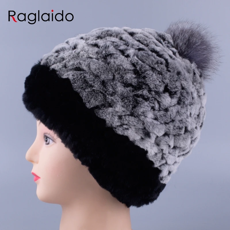 

Girls Winter Hat Genuine Natural Real Rex Rabbit Fur Knit hat with fox fur ball Patchwork Lady Male Pompom Beanie Cap LQ11252
