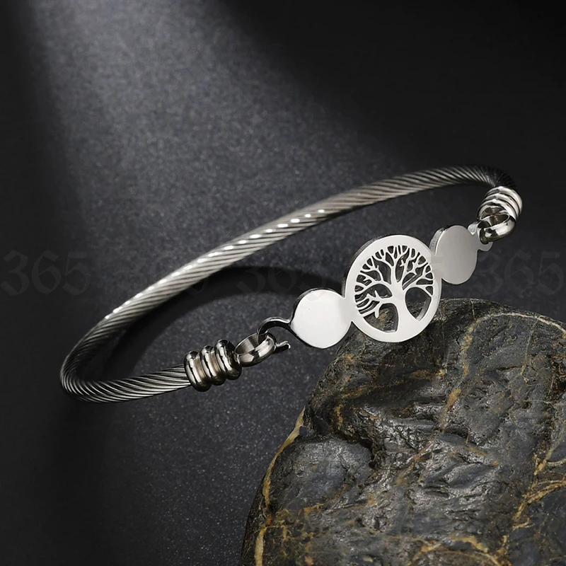 Fashion Stainless Steel Hollow Tree of Life Bracelets Women Men Gold Color Lucky Round Bangle Jewelry Gift
