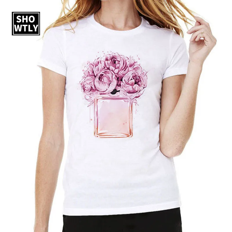 

Showtly Love T shirt with Pink Rose Perfume Print New arrival women summer t shirt Vogue t shirt Hip Hop lady short sleeve top